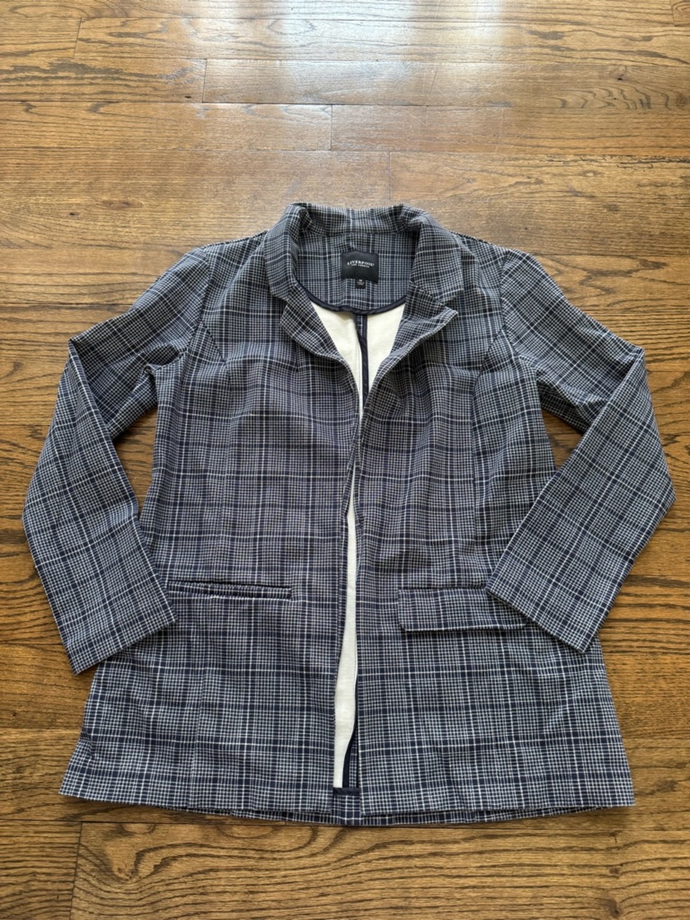 Liverpool Los Angeles Navy Plaid Open Front Blazer Jacket Size M